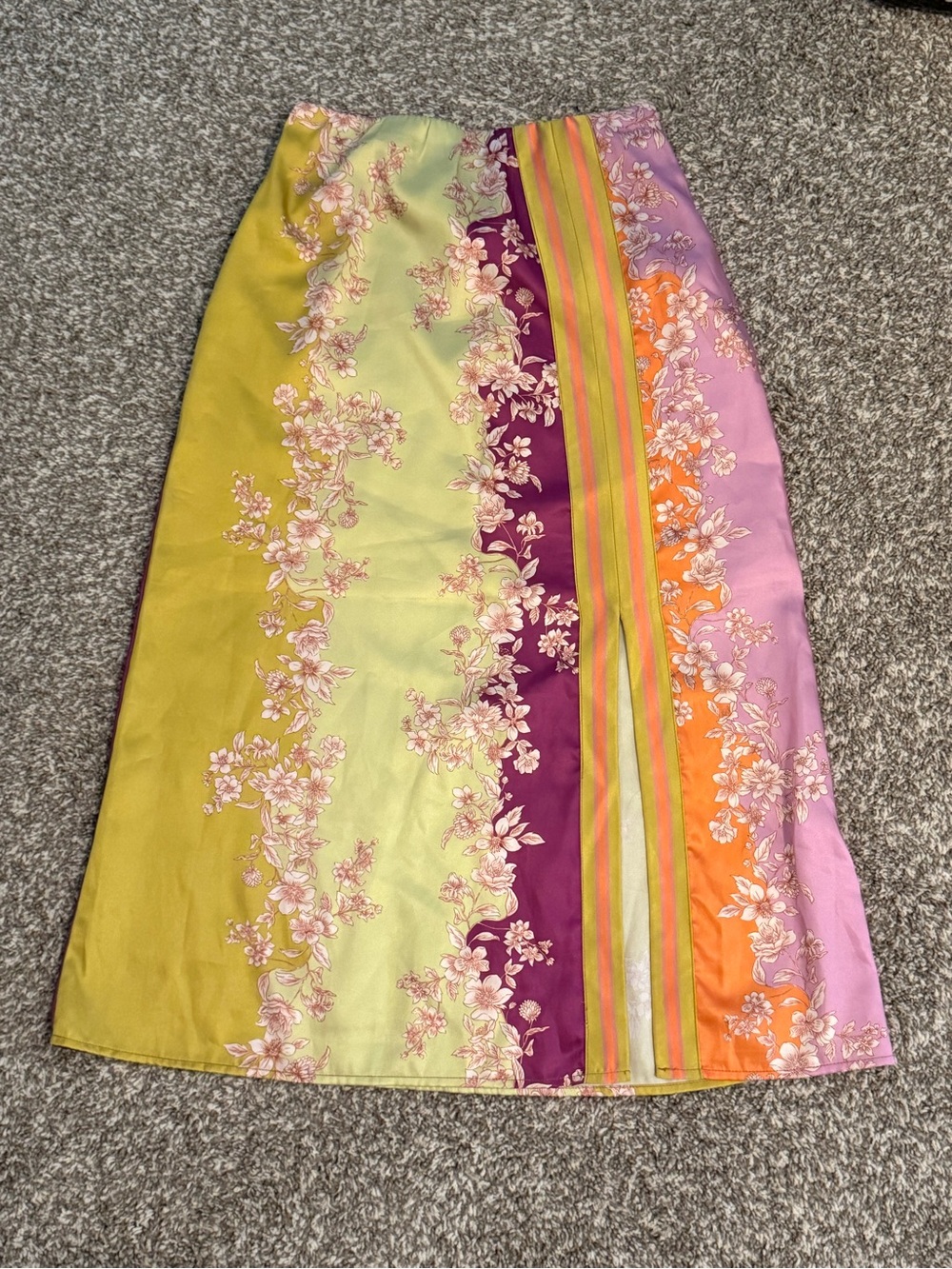 Current Air Floral Stripe Midi Skirt in Lime Green, Purple, Orange, Pink